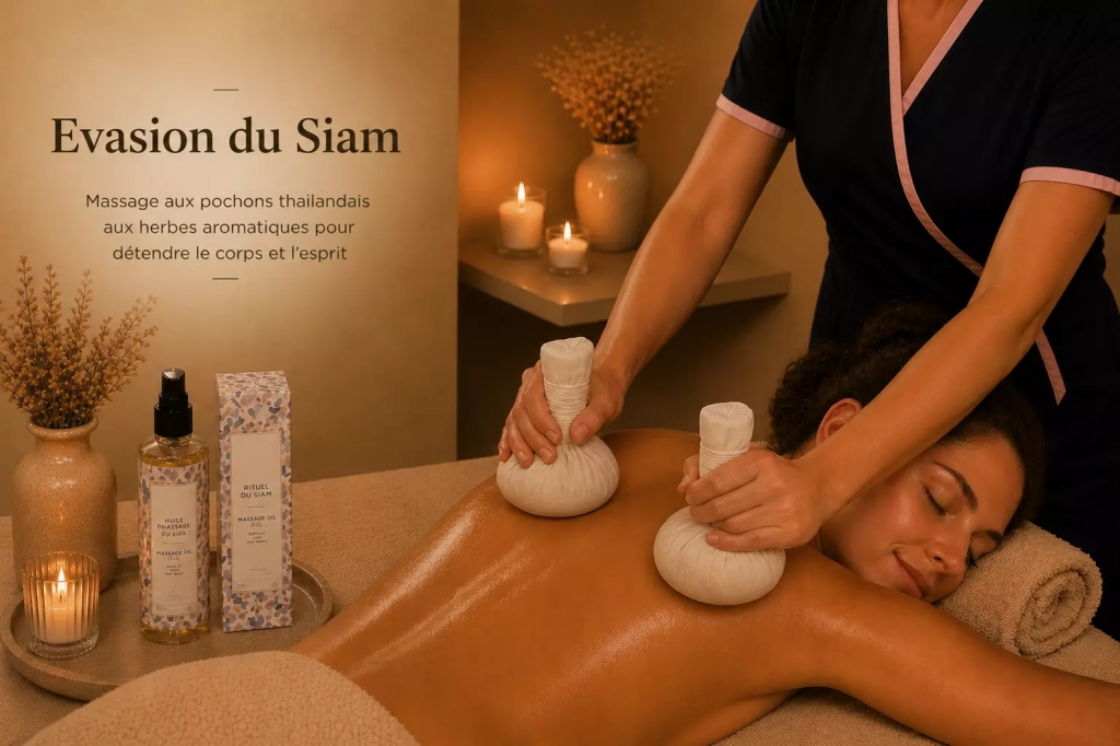 Massage aux pochons thaïlandais réalisé dans l’espace bien-être Les Fées Spa