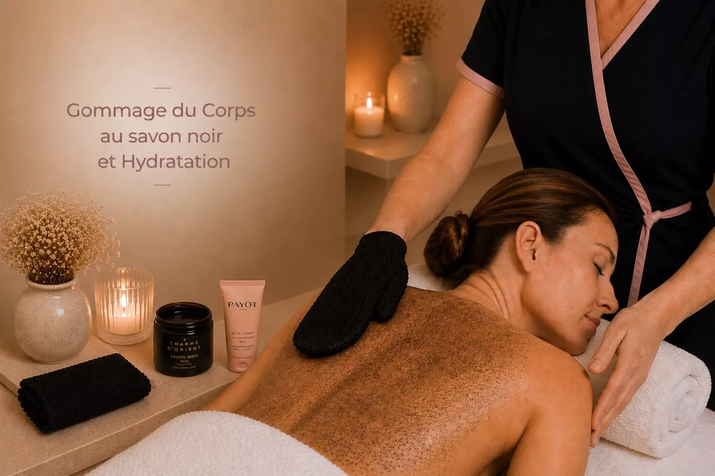 Gommage du corps au savon noir et hydratation réalisé dans l’espace bien-être Les Fées Spa