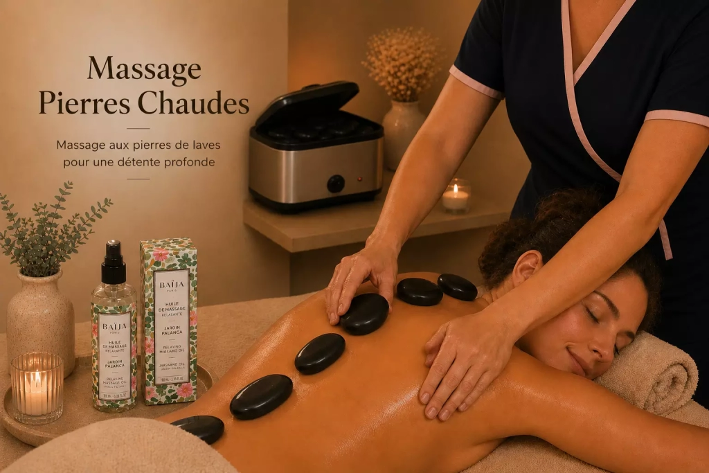 Massage aux pierres chaudes réalisé dans l’espace bien-être Les Fées Spa