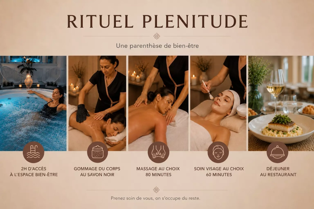 Rituel plénitude avec spa, gommage, massage, soin visage et déjeuner proposé par Les Fées Spa