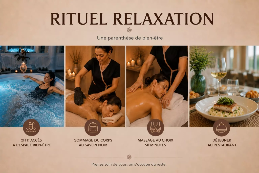 Rituel relaxation avec spa, gommage, massage et déjeuner proposé par Les Fées Spa