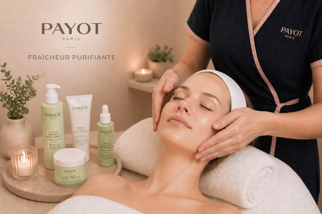Soin visage fraîcheur purifiante Payot réalisé en institut spa dans une ambiance apaisante