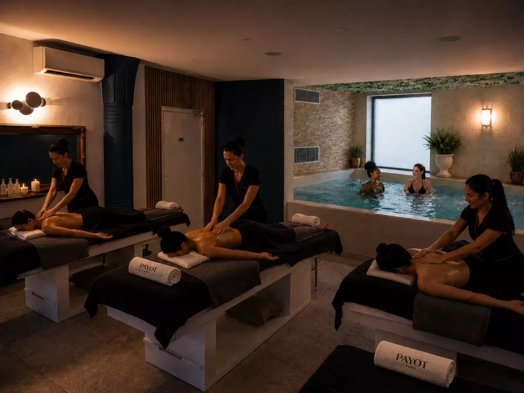 Groupe d’amies profitant de massages et de l’espace bien-être privatisé aux Fées Spa