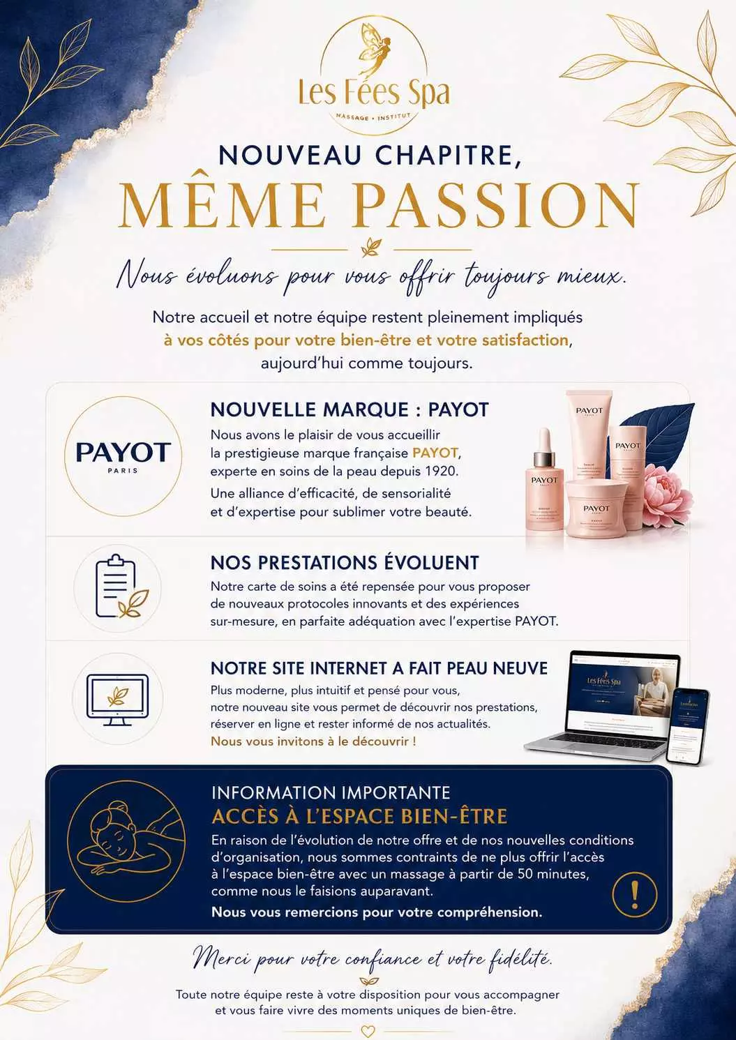 Affiche d'information Les Fées Spa annonçant l'arrivée de la marque Payot, l'évolution des prestations, le nouveau site internet et les nouvelles conditions d'accès à l'espace bien-être.